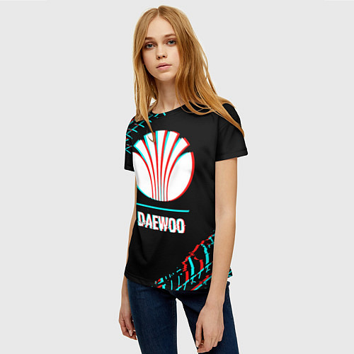 Женская футболка Значок Daewoo в стиле glitch на темном фоне / 3D-принт – фото 3