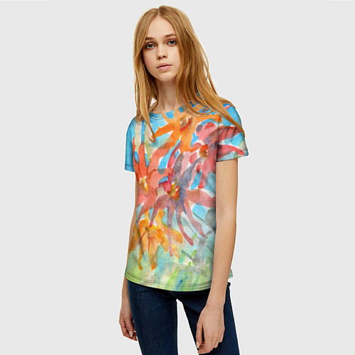 Женская футболка Осенние цветы акварель / 3D-принт – фото 3