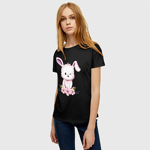 Женская футболка Крольчонок С Цветами На Чёрном Фоне / 3D-принт – фото 3