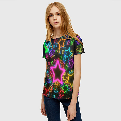 Женская футболка Большие неоновые звезды / 3D-принт – фото 3