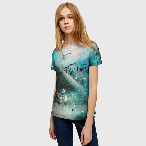 Женская футболка Абстрактный голубой туман, краски и блёстки / 3D-принт – фото 3
