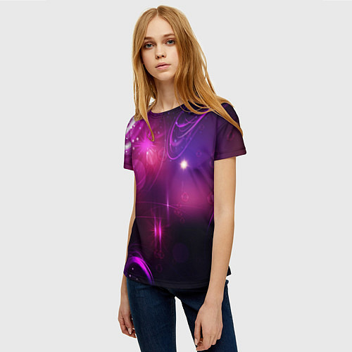 Женская футболка Фиолетовые неоновые блики / 3D-принт – фото 3
