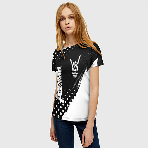 Женская футболка Asking Alexandria и рок символ на темном фоне / 3D-принт – фото 3