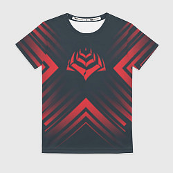 Футболка женская Красный символ Warframe на темном фоне со стрелкам, цвет: 3D-принт