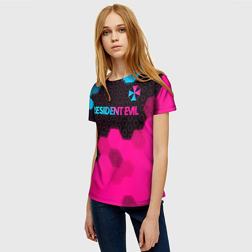 Женская футболка Resident Evil - neon gradient: символ сверху / 3D-принт – фото 3