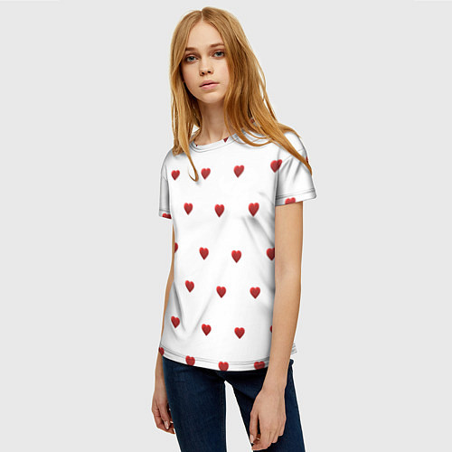 Женская футболка Белая поляна с красными сердечками / 3D-принт – фото 3