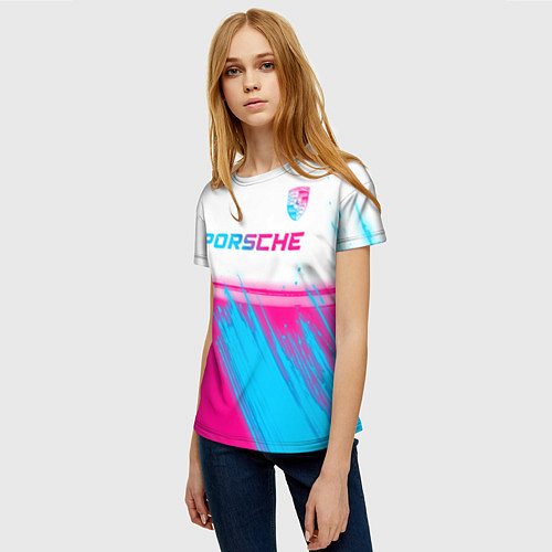 Женская футболка Porsche neon gradient style: символ сверху / 3D-принт – фото 3