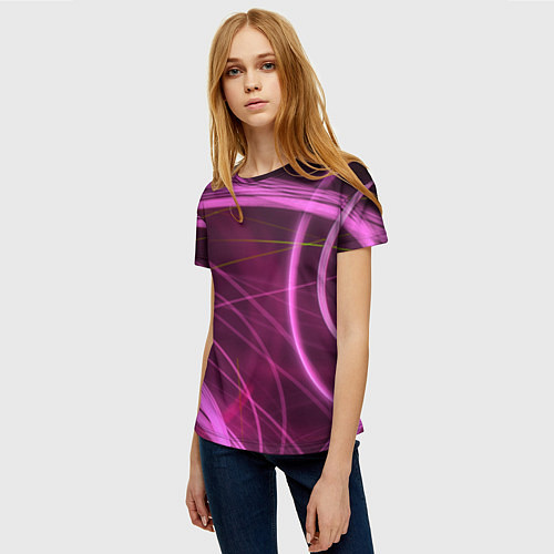 Женская футболка Абстрактные неоновые розовые линии во тьме / 3D-принт – фото 3