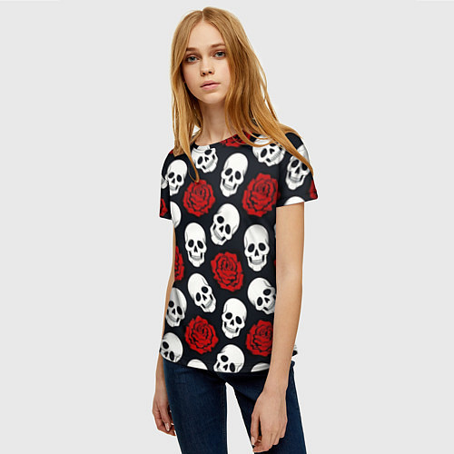 Женская футболка Весёлые черепки и розы / 3D-принт – фото 3