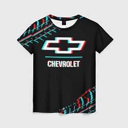 Футболка женская Значок Chevrolet в стиле glitch на темном фоне, цвет: 3D-принт