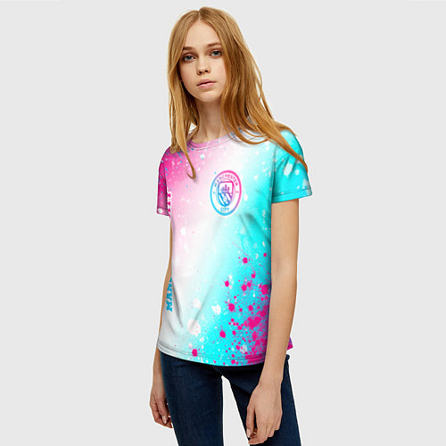 Женская футболка Manchester City neon gradient style: надпись, симв / 3D-принт – фото 3
