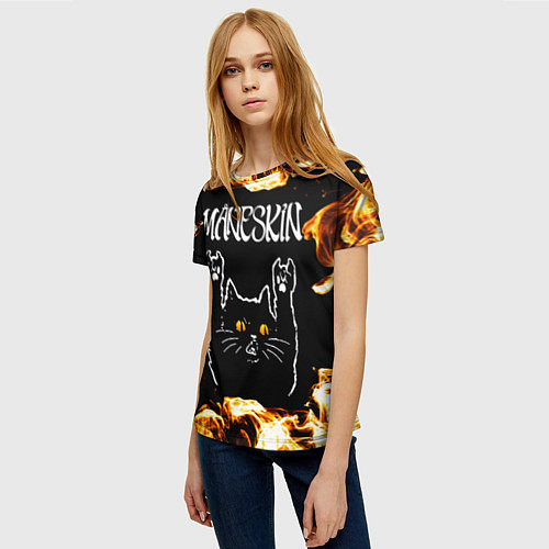 Женская футболка Maneskin рок кот и огонь / 3D-принт – фото 3