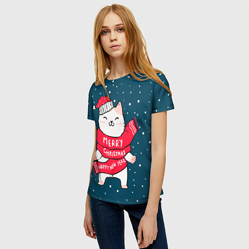 Женская футболка Новогодний котик в колпачке / 3D-принт – фото 3