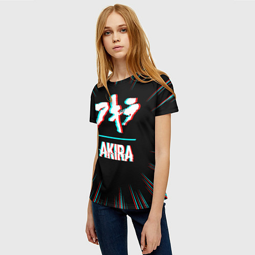 Женская футболка Символ Akira в стиле glitch на темном фоне / 3D-принт – фото 3