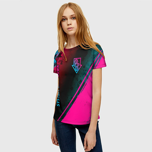 Женская футболка System of a Down - neon gradient: надпись, символ / 3D-принт – фото 3