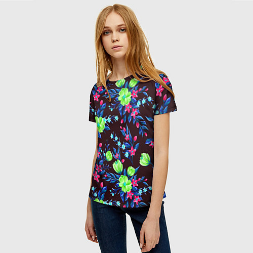 Женская футболка Неоновые цветы - паттерн / 3D-принт – фото 3