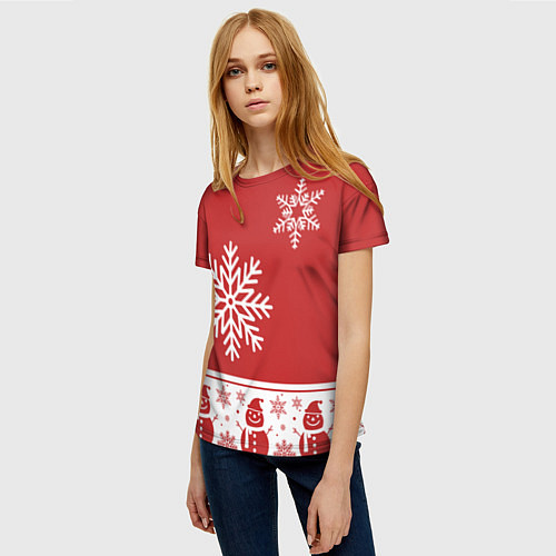 Женская футболка Снеговики в снежинках / 3D-принт – фото 3