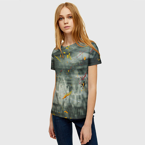 Женская футболка Абстрактный силуэт дома и краски на поверхности / 3D-принт – фото 3