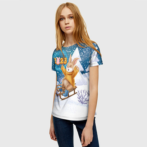 Женская футболка Зайчик на санках 2023 / 3D-принт – фото 3