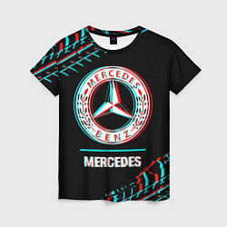 Футболка женская Значок Mercedes в стиле glitch на темном фоне, цвет: 3D-принт
