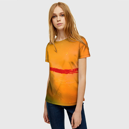 Женская футболка Оранжевый туман и красная краска / 3D-принт – фото 3