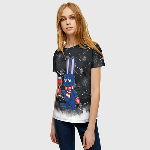 Женская футболка Новогодний кролик с бокалом / 3D-принт – фото 3