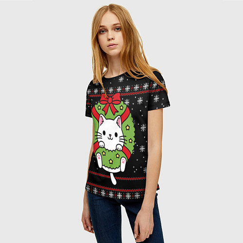Женская футболка Рождественский венок с котиком / 3D-принт – фото 3