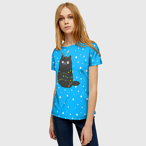 Женская футболка Котоёлочка - на фоне снегопада / 3D-принт – фото 3