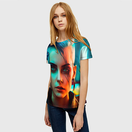 Женская футболка Нейросеть - девушка в стиле киберпанк / 3D-принт – фото 3