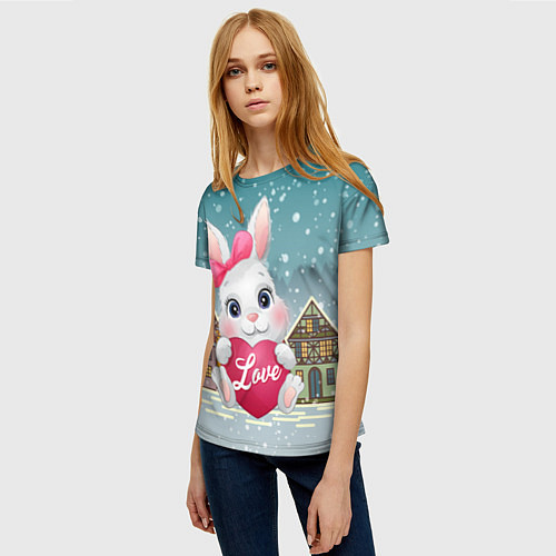 Женская футболка Новогодняя зайка с сердечком / 3D-принт – фото 3
