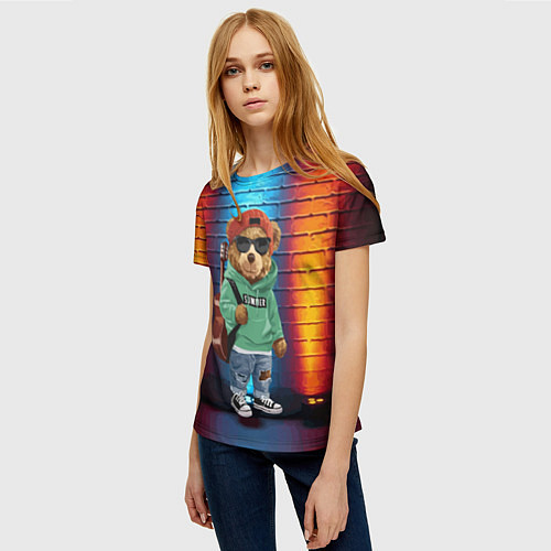 Женская футболка Мишка гитарист / 3D-принт – фото 3