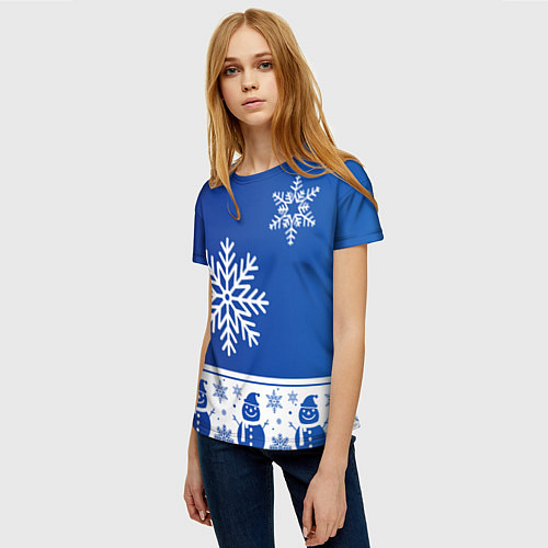 Женская футболка Снеговики в снежинках синие / 3D-принт – фото 3