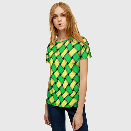 Женская футболка Жёлто-зелёная плетёнка - оптическая иллюзия / 3D-принт – фото 3