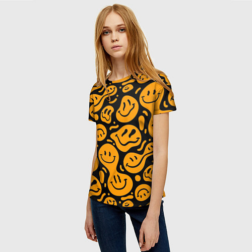 Женская футболка Растекающийся оранжевый смайл / 3D-принт – фото 3