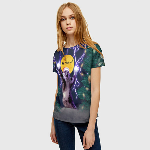 Женская футболка Новогодний кот с молниями / 3D-принт – фото 3
