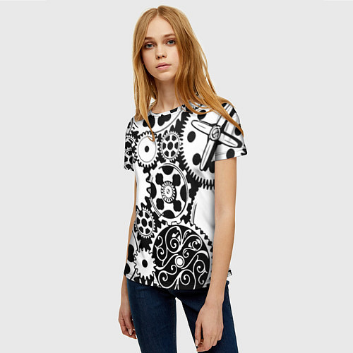 Женская футболка Шестеренки в черно-белом стиле / 3D-принт – фото 3