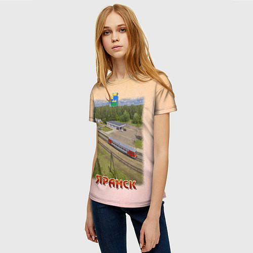 Женская футболка Яранск - рельсовый автобус и городская площадь / 3D-принт – фото 3