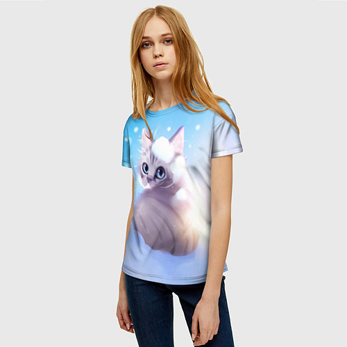 Женская футболка Заснеженный котик / 3D-принт – фото 3