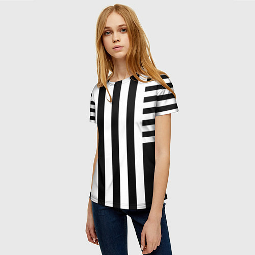 Женская футболка Черно белый узор в полоску / 3D-принт – фото 3