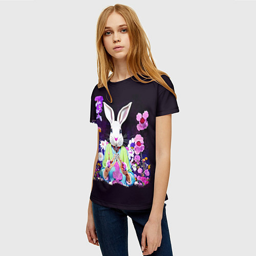 Женская футболка Кролик в цветах на черном фоне / 3D-принт – фото 3