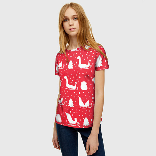 Женская футболка Сани, ёлочки, подарки / 3D-принт – фото 3