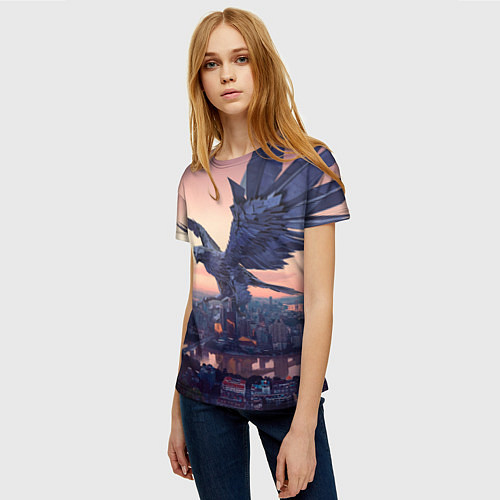 Женская футболка Футуристичный город с металлической птицей / 3D-принт – фото 3