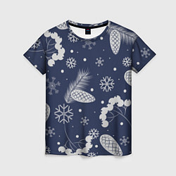 Футболка женская Зимние ягоды и шишки на синем фоне, цвет: 3D-принт