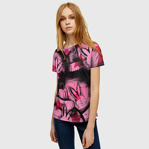 Женская футболка Новогодние игрушки зайки и звезды / 3D-принт – фото 3