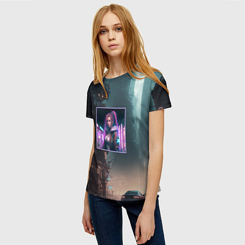 Женская футболка Sci-fi girl and cyberpunk vibes / 3D-принт – фото 3