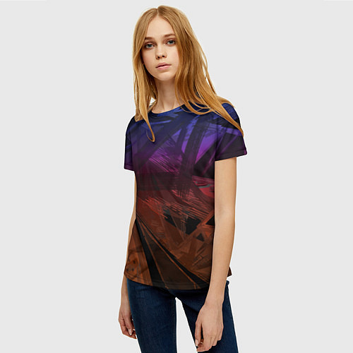 Женская футболка Абстрактный черный узор на сиреневом, коричневом ф / 3D-принт – фото 3