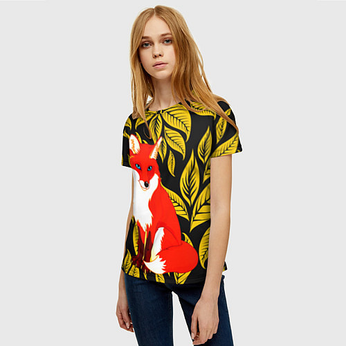 Женская футболка Лиса на фоне жёлтых листьев / 3D-принт – фото 3