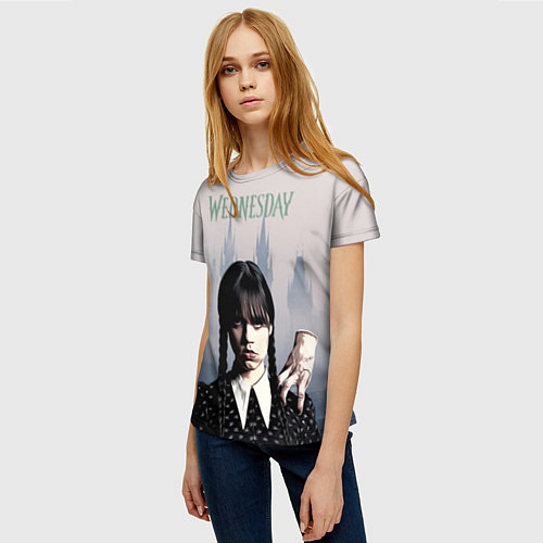 Женская футболка Уэнсдей Аддамс и рука на фоне замка / 3D-принт – фото 3