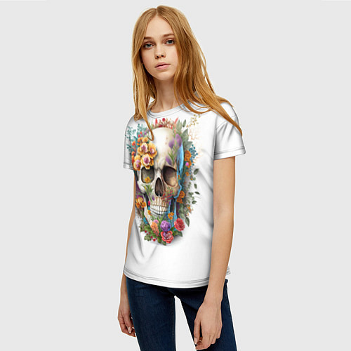 Женская футболка Череп украшенный растениями и цветами / 3D-принт – фото 3