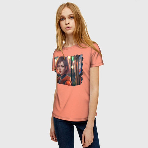 Женская футболка Девушка на фоне улицы - аниме арт / 3D-принт – фото 3